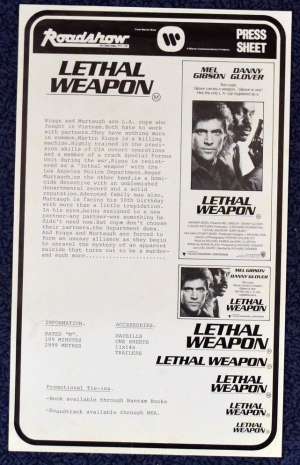Lethal Weapon Movie Press Sheet Original 1987 Mel Gibson Danny Glover