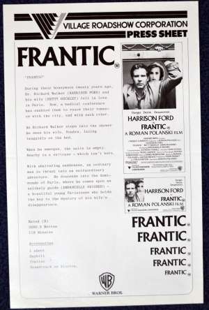 Frantic 1988 Movie Press Sheet Harrison Ford Roman Polanski