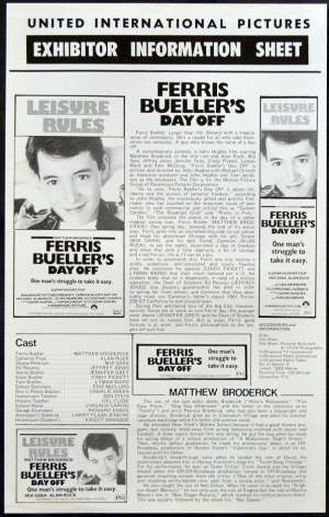 Ferris Bueller&#039;s Day Off Exhibitor Information Sheet Matthew Broderick