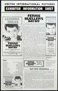 Ferris Bueller's Day Off Exhibitor Information Sheet Matthew Broderick