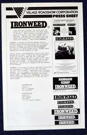 Ironweed 1987 Movie Press Sheet Jack Nicholson Meryl Streep