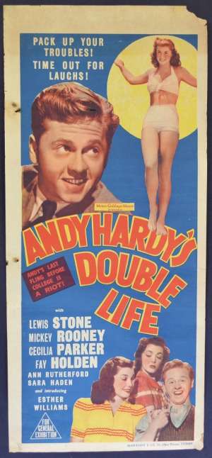 Andy Hardy&#039;s Double Life 1942 Mickey Rooney Ester Williams RARE Daybill movie poster