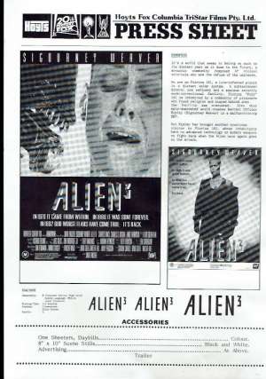 Alien 3 Press Sheet Original 1992 Sigourney Weaver Charles Dance