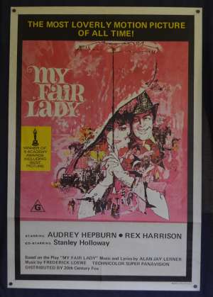 My Fair Lady Movie Poster Original One Sheet 1970&#039;s RI Audrey Hepburn Rex Harrison