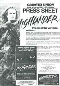 Highlander 1986 Movie Press Sheet Christopher Lambert Sean Connery Queen