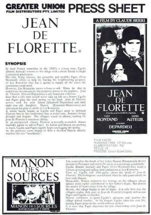 Jean De Florette 1986 Movie Press Sheet Gérard Depardieu Daniel Auteuil Yves Montand