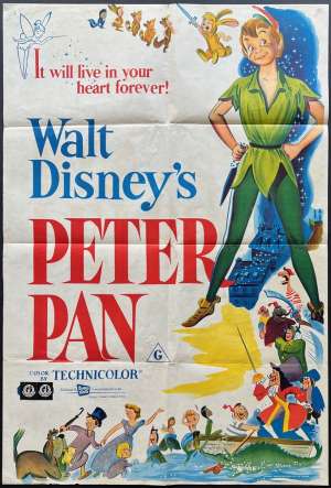 Peter Pan Poster One Sheet Original Rare 1974 Re-Issue Walt Disney