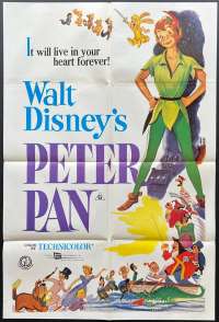 Peter Pan Poster One Sheet Original 1980's Re-Issue Walt Disney