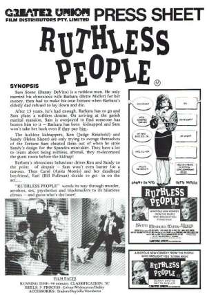 Ruthless People 1986 Movie Press Sheet Danny DeVito Bette Midler Helen Slater