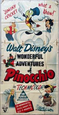 Pinocchio Poster Three Sheet Original Ultra Rare 1945 Re Issue Disney