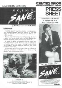 Going Sane 1987 Movie Press Sheet John Waters Judy Morris